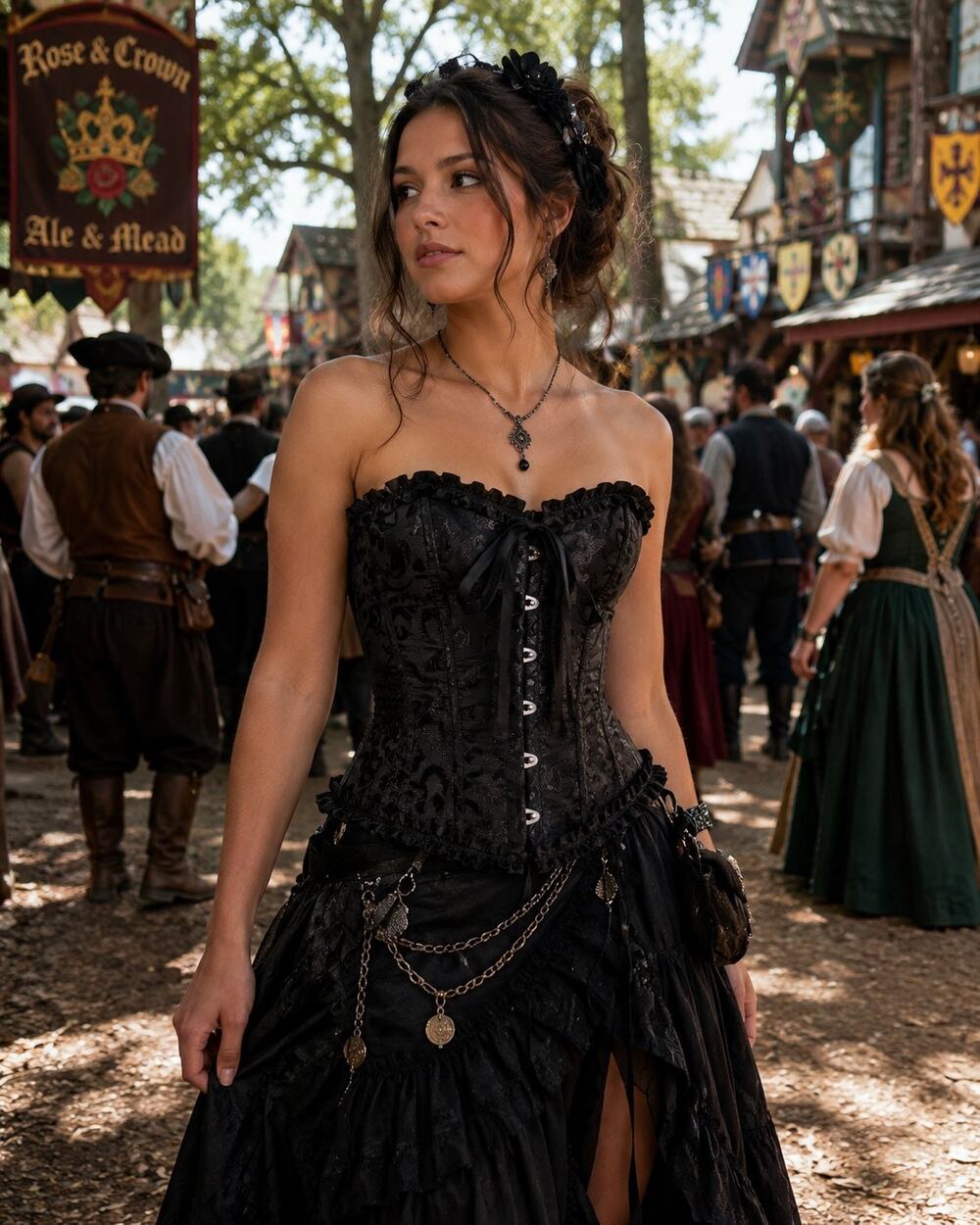Black Gothic Brocade Corset Bustier Top M Lace Up Boned Renaissance Burlesque